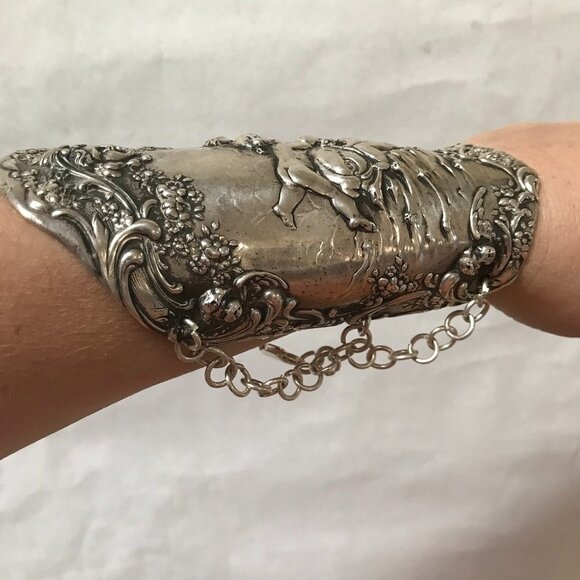 Cherub Gorham Sterling Silver 925 Bracer Wide Cuff Bracelet Gladiator Victorian - Picture 9 of 11